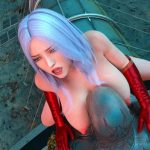 Purple haired heroine enjoys a face between her huge tits